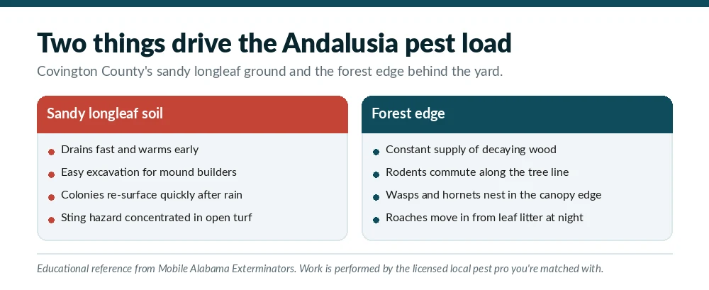 Two-column chart of the pest drivers around Andalusia, AL, contrasting sandy longleaf soil with the forest edge behind Covington County yards