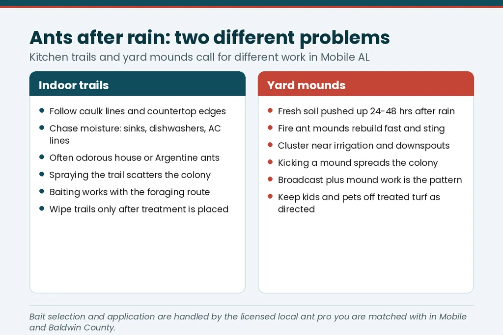 Comparison chart of indoor ant trails and post-rain yard mounds in Mobile AL, and why each needs different work