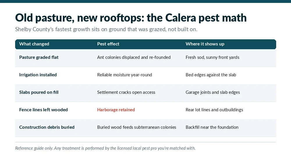 Chart of how fast growth on former pasture changes the pest picture in Calera, AL, linking grading, irrigation, slab cracks and buried debris to where problems appear