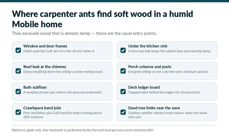 Carpenter ant moisture-damaged wood hotspot guide for Huntsville, AL homeowners
