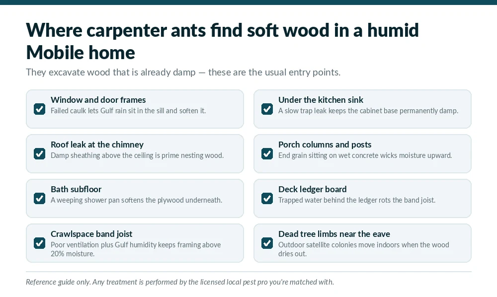 Guide to where carpenter ants find moisture-damaged wood in humid Mobile, Alabama homes, covering window sills, sink cabinets, roof leaks, porch posts, subfloors and crawlspace framing