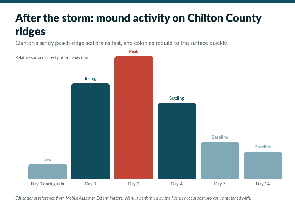 Chart showing fire ant mound surface activity peaking about two days after heavy rain on the sandy peach ridges around Clanton, AL