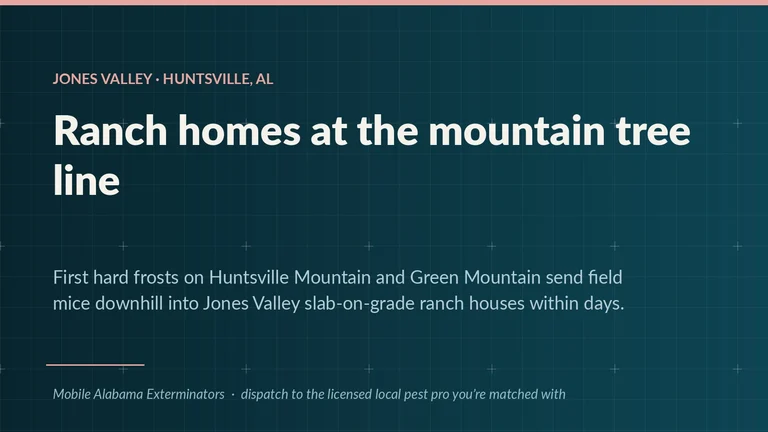 Field card for Jones Valley in Huntsville, Alabama — ranch homes at the mountain tree line and the first-frost rodent push downhill