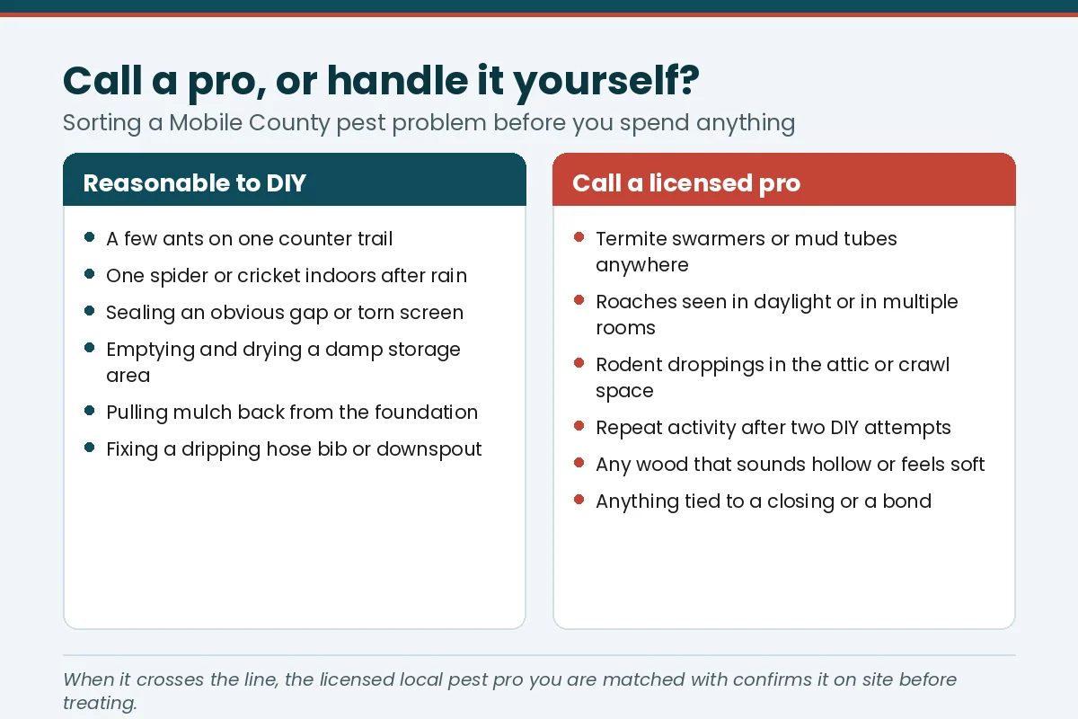 Decision chart for when to call a licensed exterminator versus handling a Montgomery, AL pest problem yourself