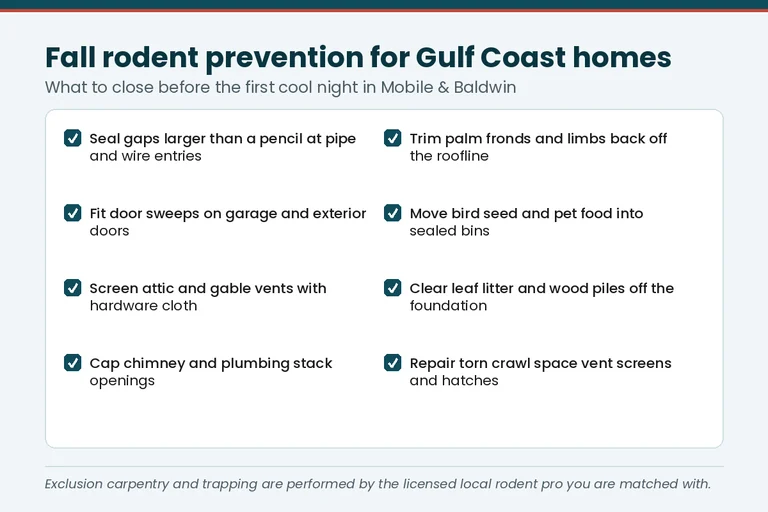 Fall rodent prevention checklist for a Tuscaloosa, AL home near riverfront or oak canopy