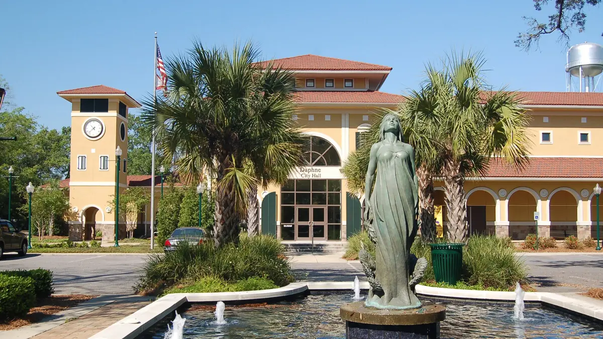 Daphne, Alabama city hall grounds — the maintained Eastern Shore turf and landscape beds where fire ant mounds establish