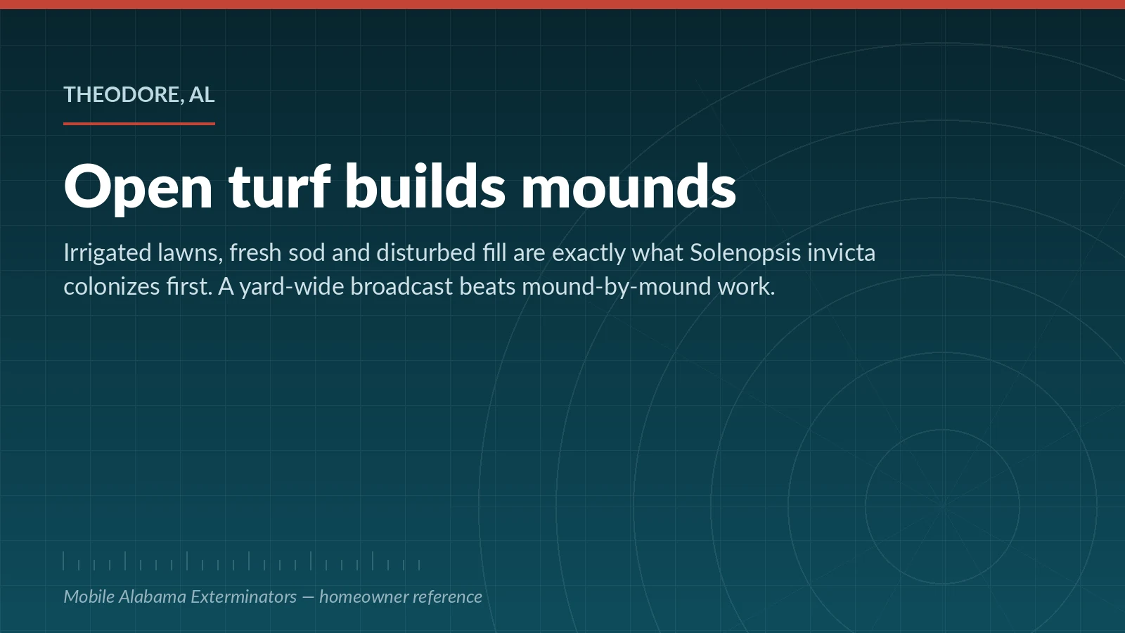 Fire ant mound pressure in Theodore, Alabama yards — open turf, irrigation and disturbed soil
