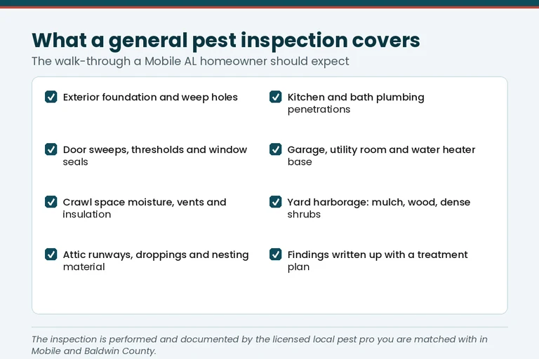 General pest inspection coverage checklist for a Capitol Heights, Montgomery bungalow