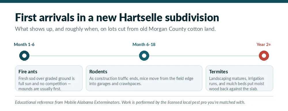 Timeline of first pest arrivals in a new Hartselle, AL subdivision built on former Morgan County cotton land, from fire ants to rodents to termites