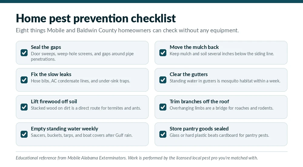 Home pest prevention checklist graphic for Mobile and Baldwin County, AL homeowners covering door sweeps, mulch clearance, leak repair, gutters, firewood storage and standing water