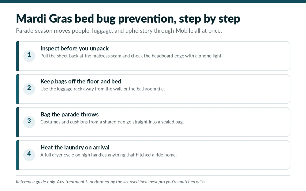 Four-step Mardi Gras bed bug prevention guide for Mobile, AL households, covering inspection before unpacking, luggage placement, bagging parade throws and a hot dryer cycle
