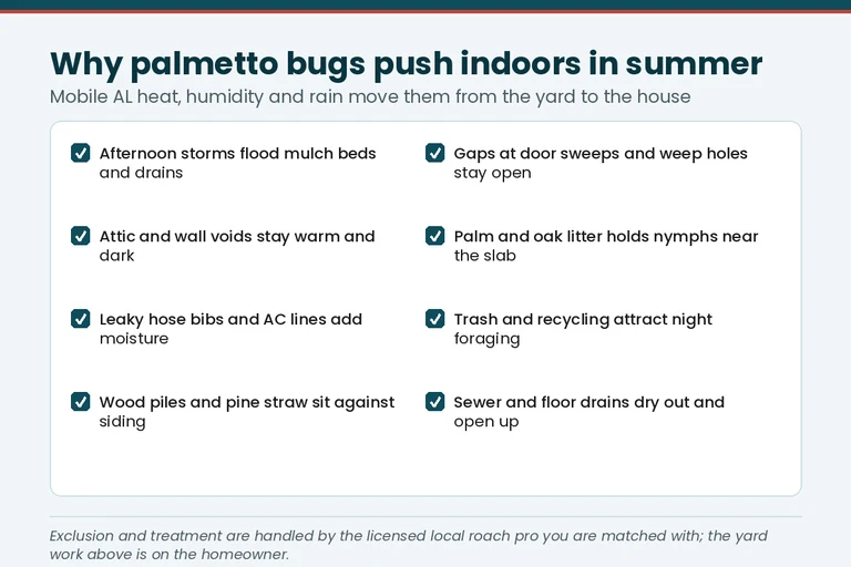 Checklist graphic of summer roach entry points — the door sweeps, vents and gaps Enterprise AL households should check after a PCS move-in
