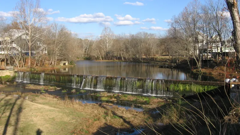 Buck Creek at low water in Helena, AL, the creek corridor that drives moisture-loving pest activity through Shelby County yards