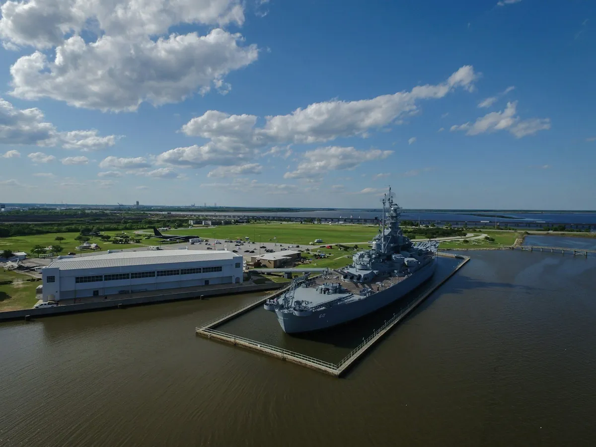 Container ship beside the Port of Mobile, Alabama — Mobile Bay industrial corridor