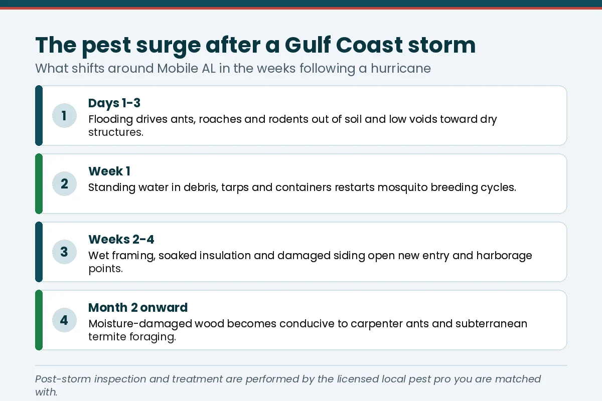 Timeline graphic of the pest surge after a Gulf Coast hurricane around Mobile AL, from displaced rodents to moisture-damaged wood