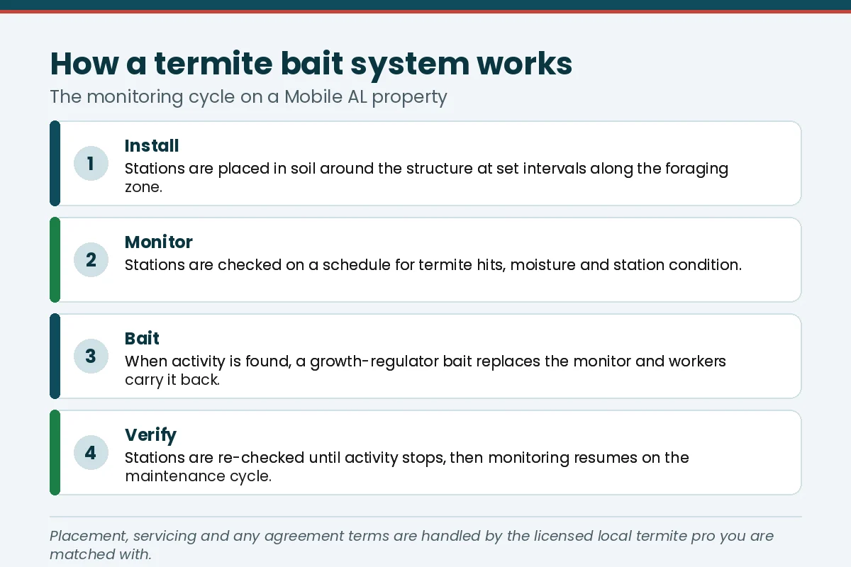 Four-step graphic of how a termite bait system is installed, monitored, baited and verified on a Mobile AL property