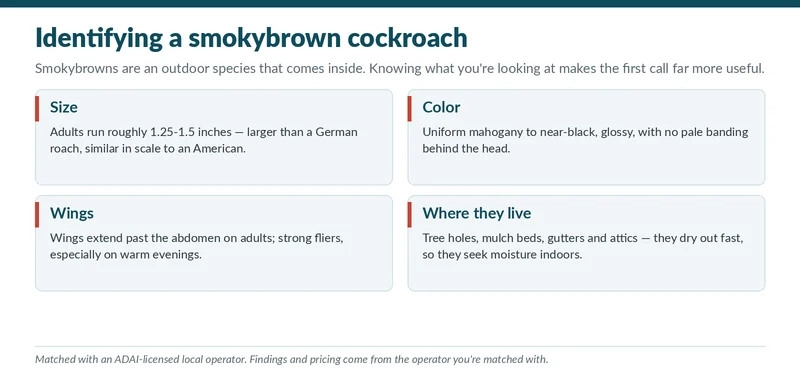 Smokybrown cockroach identification chart for Fairhope, AL live oak canopy neighborhoods