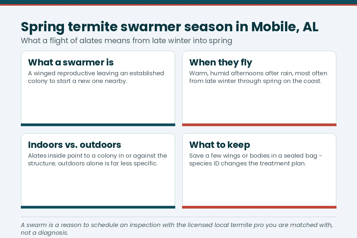 Fact card explaining spring termite swarmer season in Mobile AL — what an alate is, when they fly, and what to save for identification