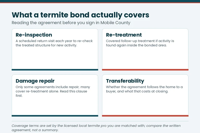 Chart comparing termite bond coverage types for Birmingham, AL homeowners