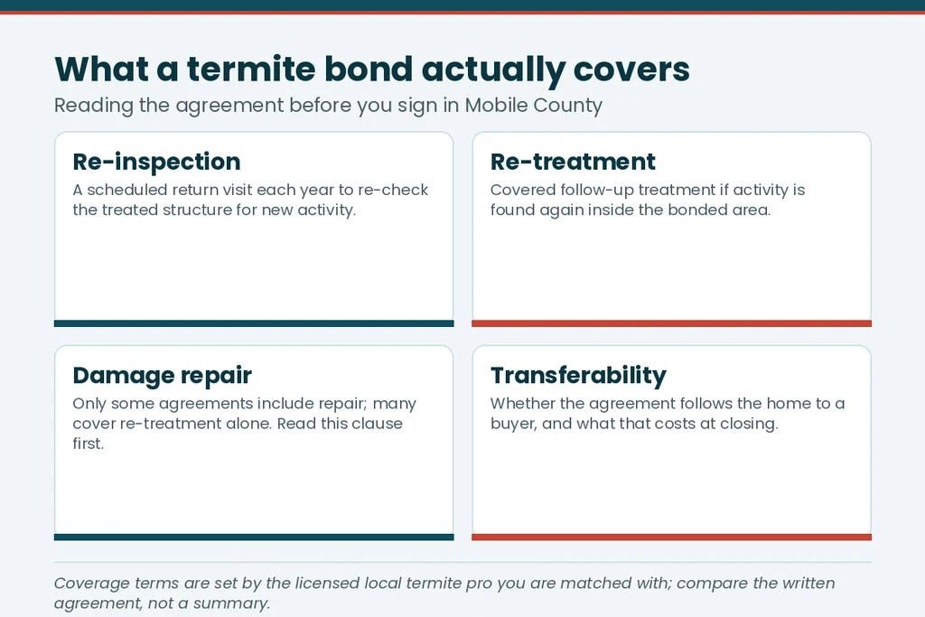 Chart breaking down what a Mobile County AL termite bond covers — re-inspection, re-treatment, damage repair and transferability