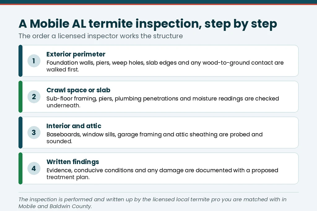 Four-step graphic of a Mobile AL termite inspection, from exterior perimeter to written findings