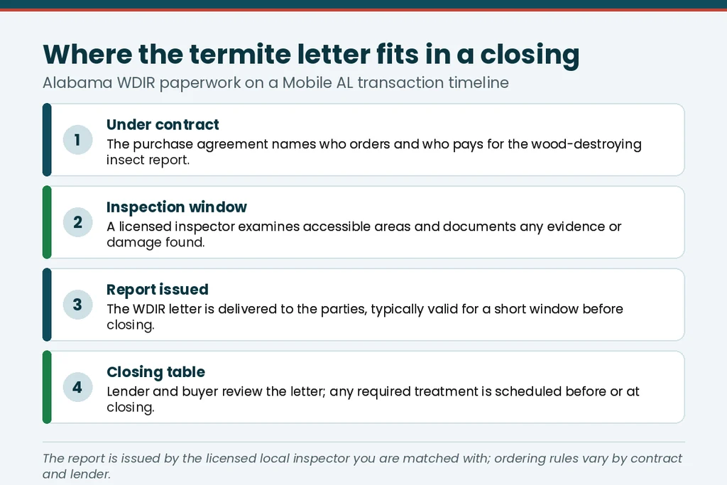 Timeline graphic showing where the Alabama WDIR termite letter fits in a Mobile AL real estate closing
