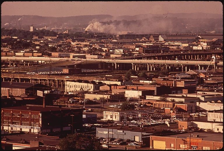 Dense older housing and rail corridors across Birmingham, Alabama — the pre-war construction stock behind the city’s subterranean termite pressure