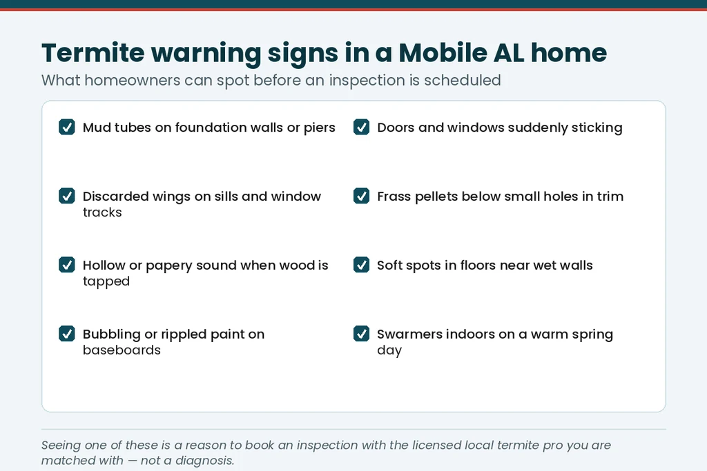 Checklist graphic of termite warning signs a Mobile AL homeowner can spot before an inspection is scheduled