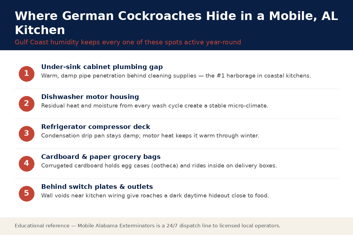 Diagram of German cockroach hiding spots in a Mobile, Alabama kitchen: under-sink plumbing, dishwasher motor, refrigerator compressor, cardboard boxes, and wall voids near switch plates