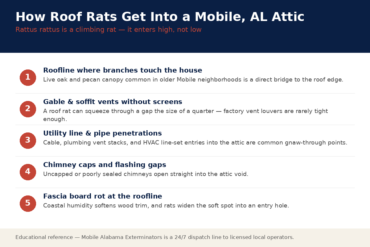 Diagram of roof rat attic entry points in Mobile, Alabama: roofline tree contact, gable and soffit vents, utility line penetrations, chimney caps, and rotted fascia board