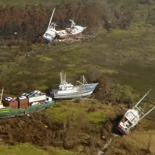 Boats washed ashore by hurricane storm surge in Bayou La Batre, Mobile County, AL -- the kind of post-storm structural damage that drives pest displacement into homes